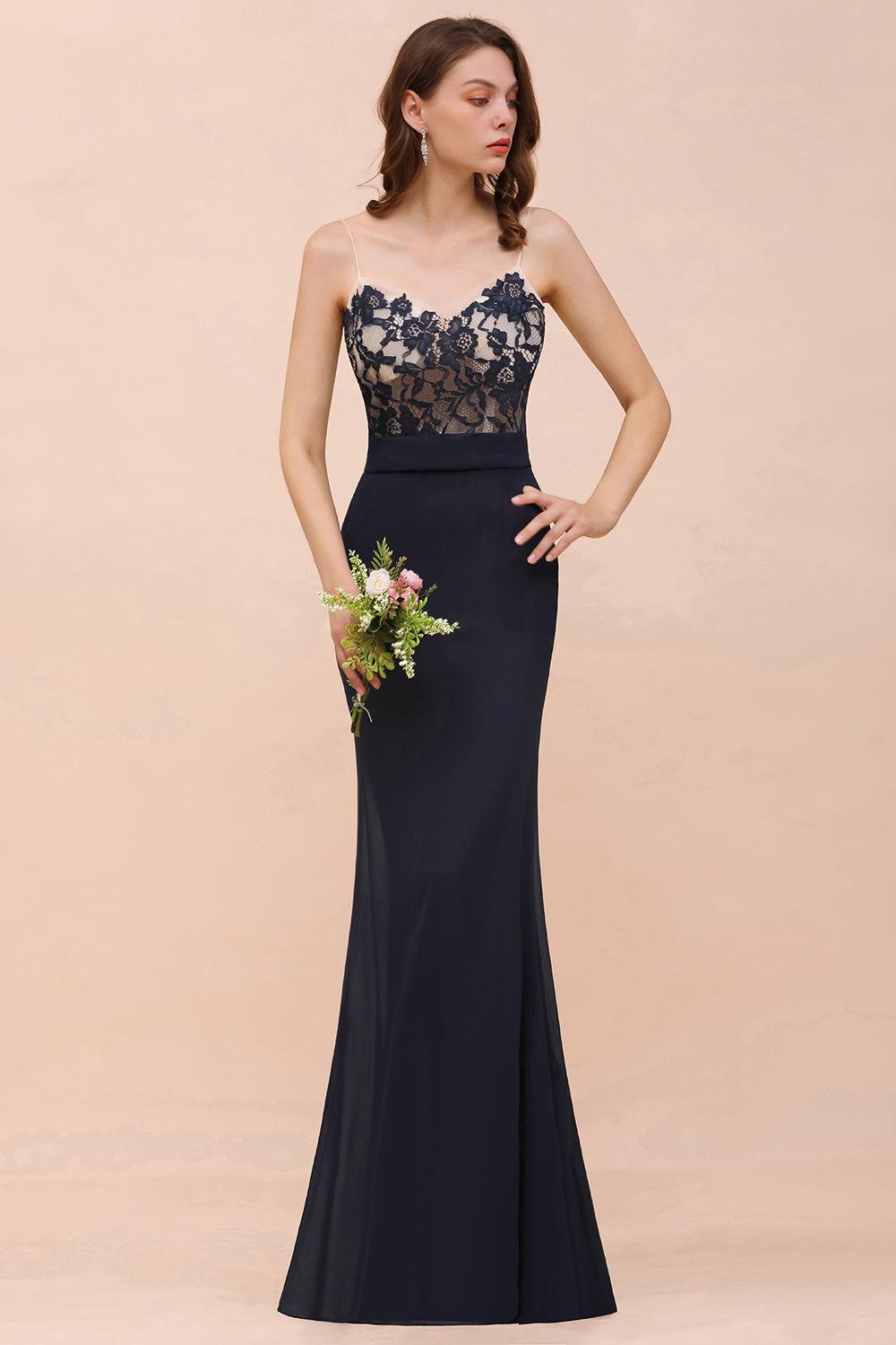 Chic Mermaid Chiffon Lace Affordable Bridesmaid Dresses with Spaghetti Straps