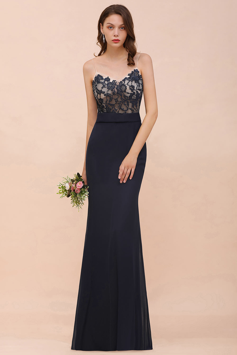 Chic Mermaid Chiffon Lace Affordable Bridesmaid Dresses with Spaghetti Straps