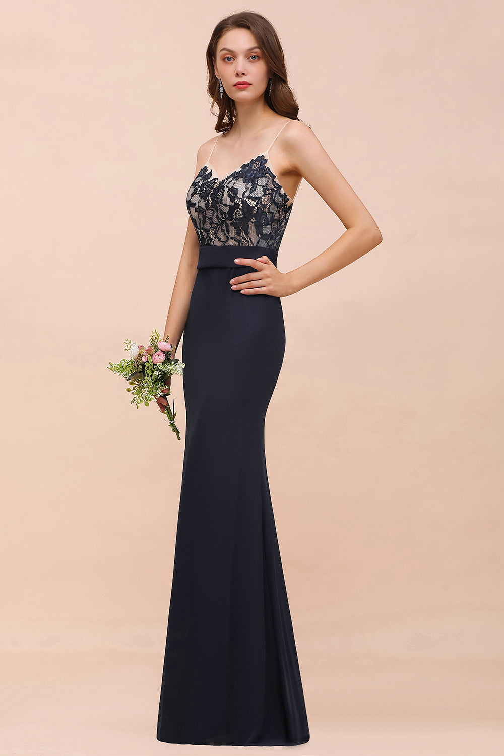 Chic Mermaid Chiffon Lace Affordable Bridesmaid Dresses with Spaghetti Straps