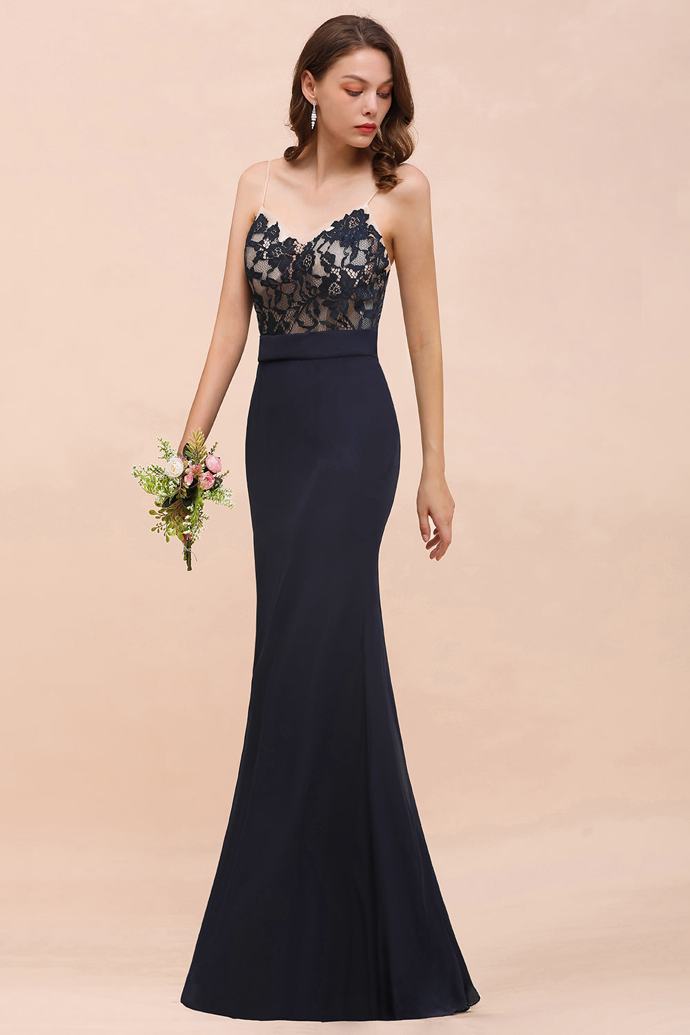 Chic Mermaid Chiffon Lace Affordable Bridesmaid Dresses with Spaghetti Straps