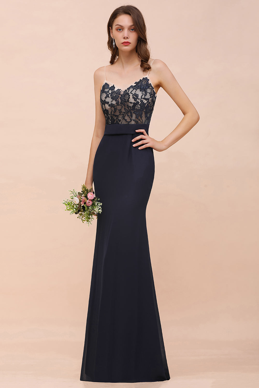 Chic Mermaid Chiffon Lace Affordable Bridesmaid Dresses with Spaghetti Straps