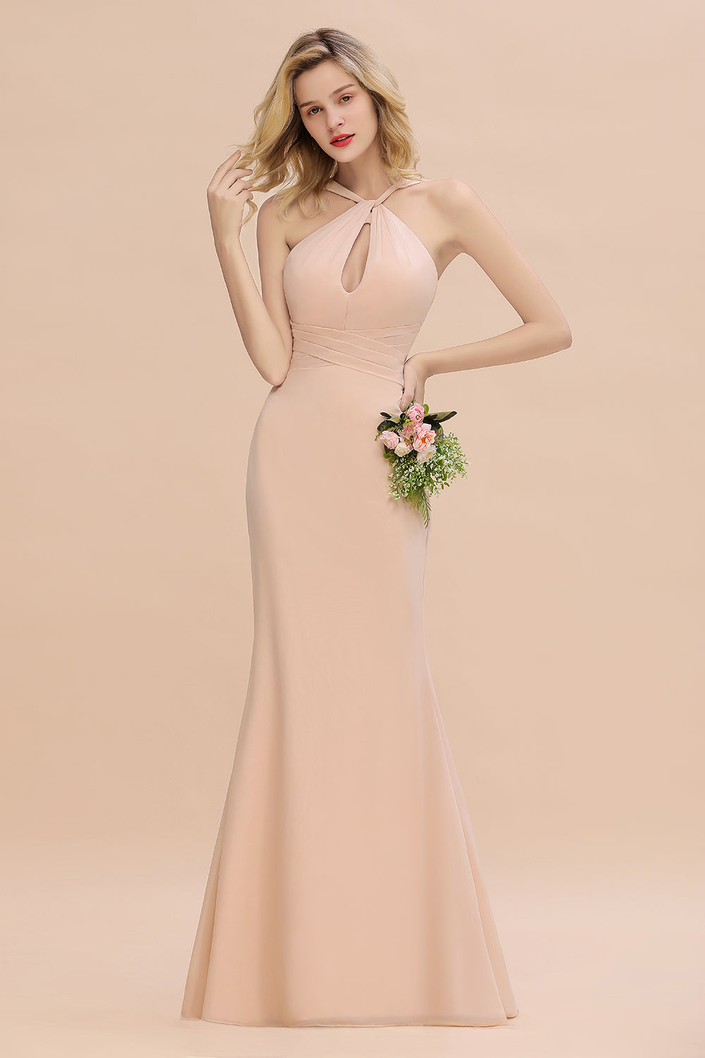 Chic Mermaid Keyhole Pink Chiffon Long Bridesmaid Dresses Affordable with Ruffle