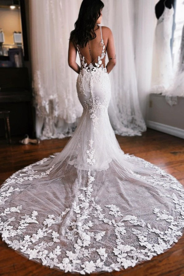 Chic Mermaid Wedding Dress Lace Spaghetti-Straps