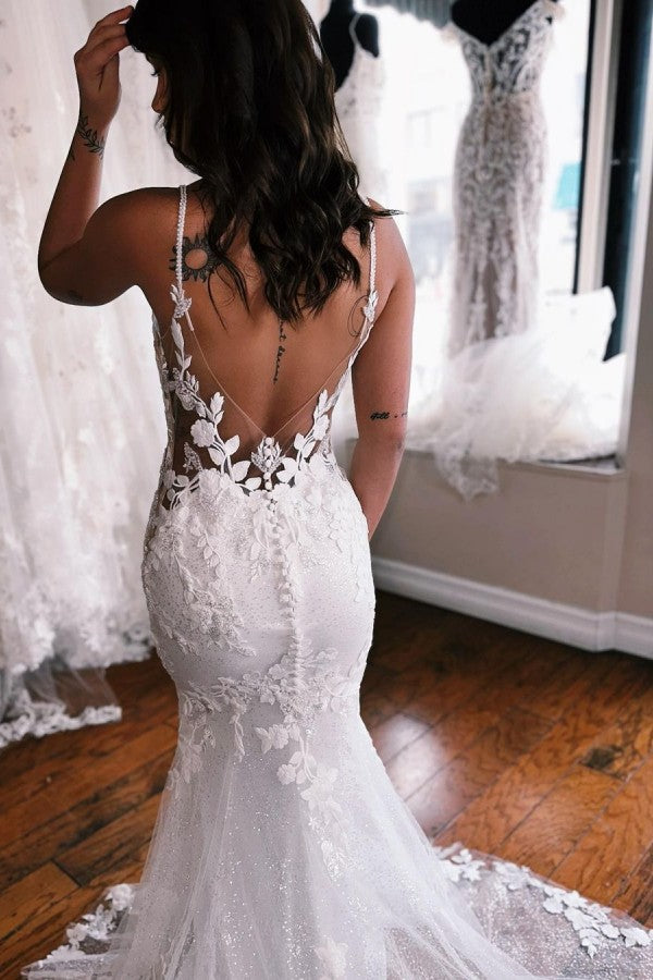 Chic Mermaid Wedding Dress Lace Spaghetti-Straps