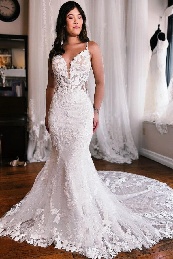 Chic Mermaid Wedding Dress Lace Spaghetti-Straps