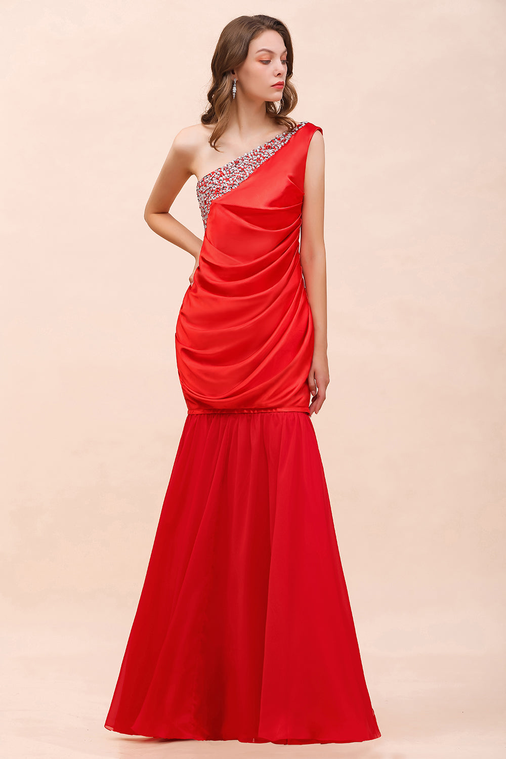 Chic One Shoulder Beading Ruffle Red Bridesmaid Dresses with Detachable Skirt