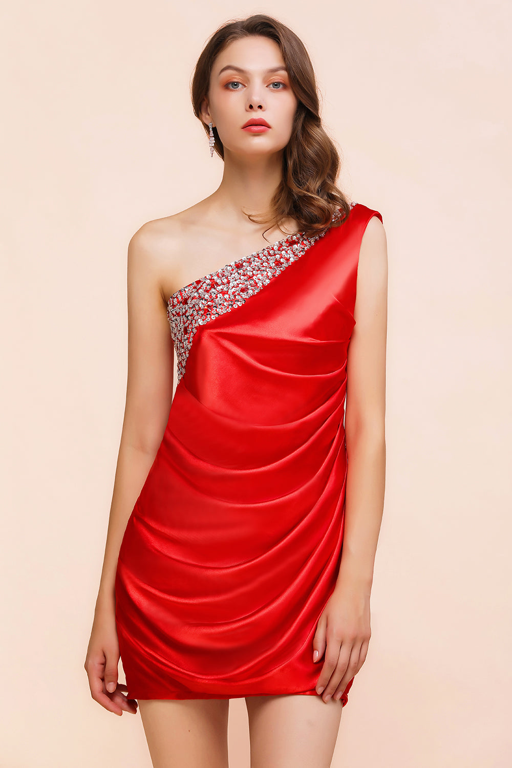 Chic One Shoulder Beading Ruffle Red Bridesmaid Dresses with Detachable Skirt