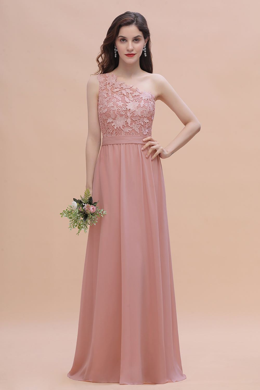 Chic One Shoulder Chiffon Lace Vintage Mauve Bridesmaid Dresses On Sale