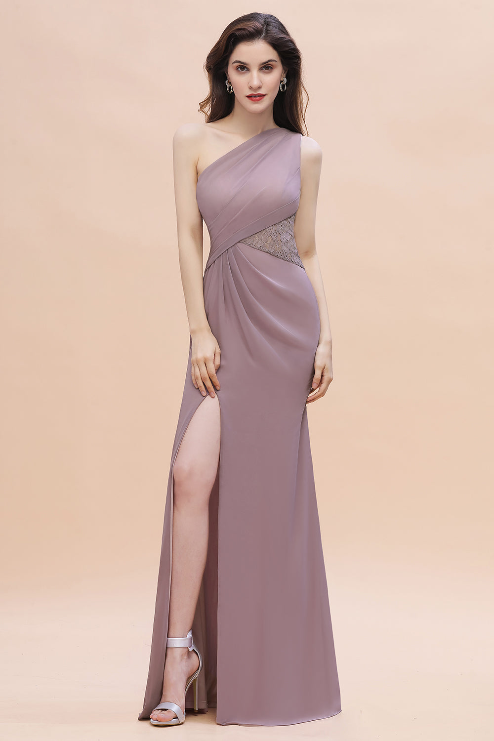 Chic One-Shoulder Dusk Chiffon Lace Ruffle Bridesmaid Dresses with Front Slit On Sale