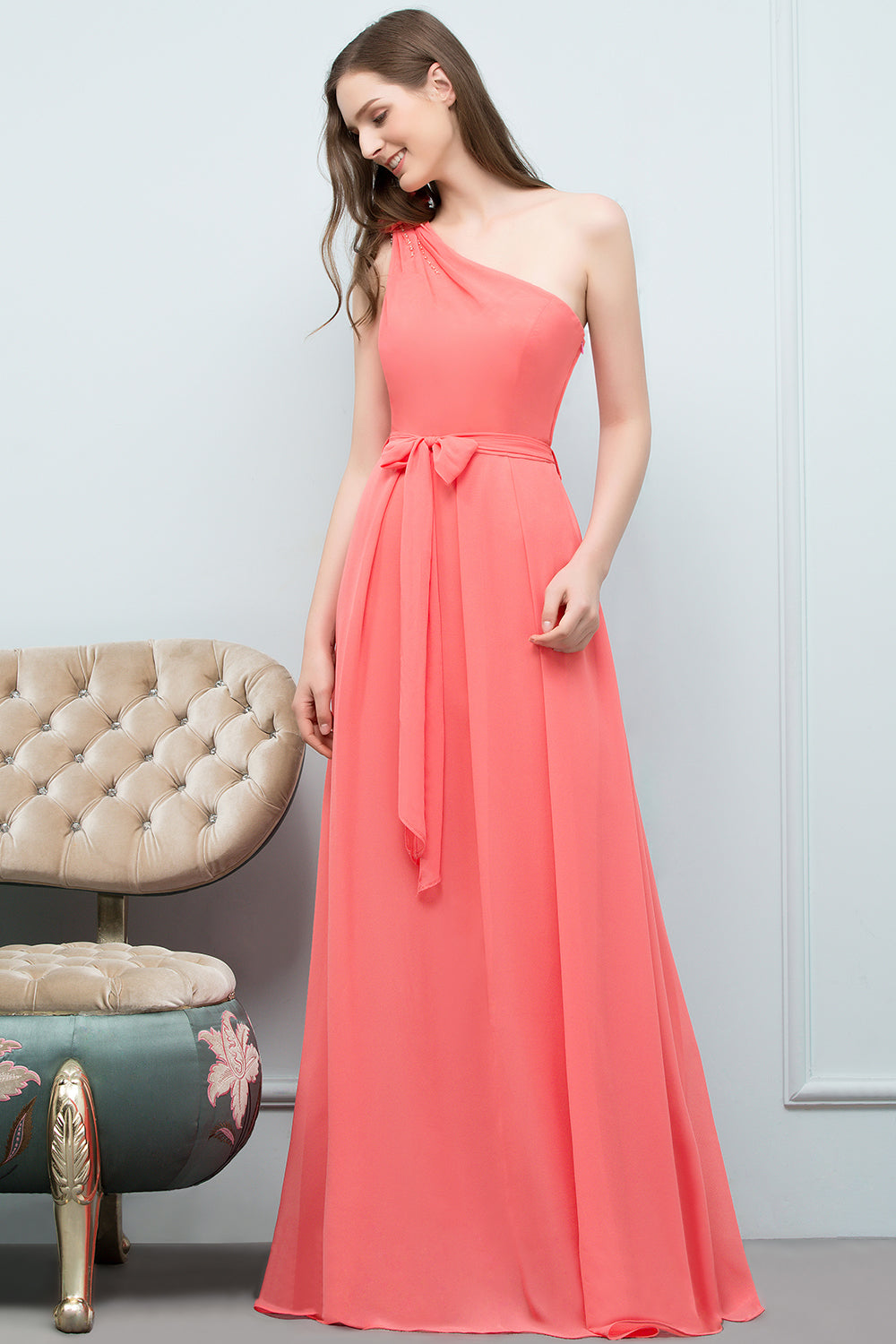 Chic One Shoulder Flower Long Bridesmaid dresses with Bow Sash