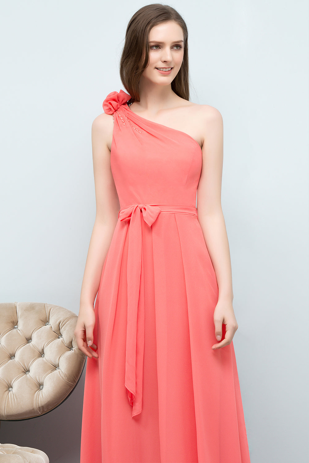 Chic One Shoulder Flower Long Bridesmaid dresses with Bow Sash