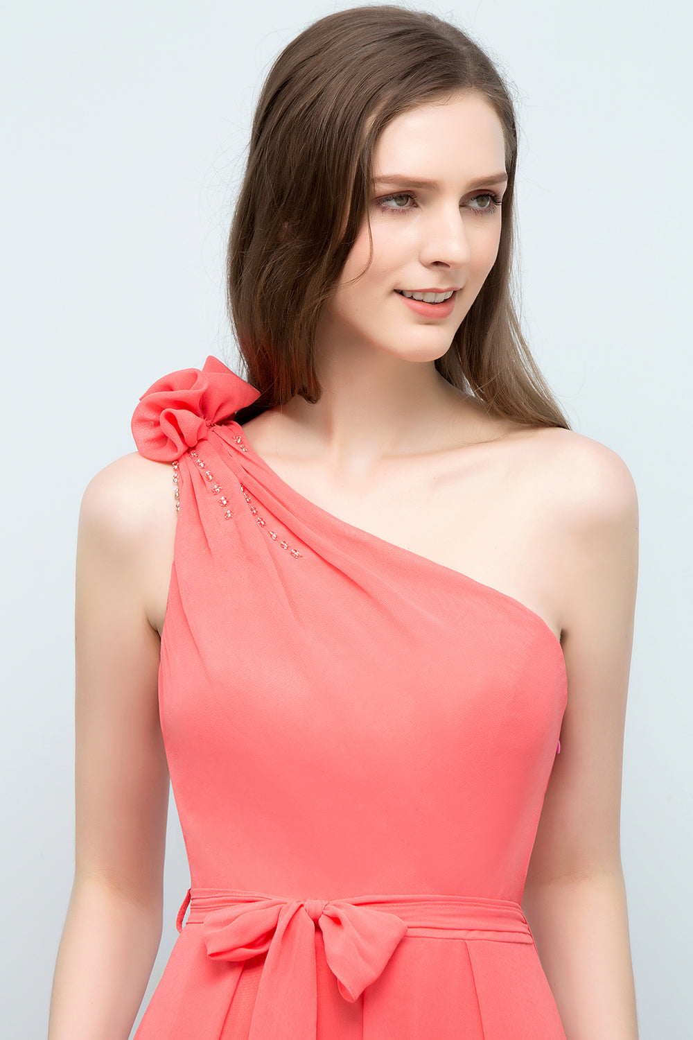 Chic One Shoulder Flower Long Bridesmaid dresses with Bow Sash