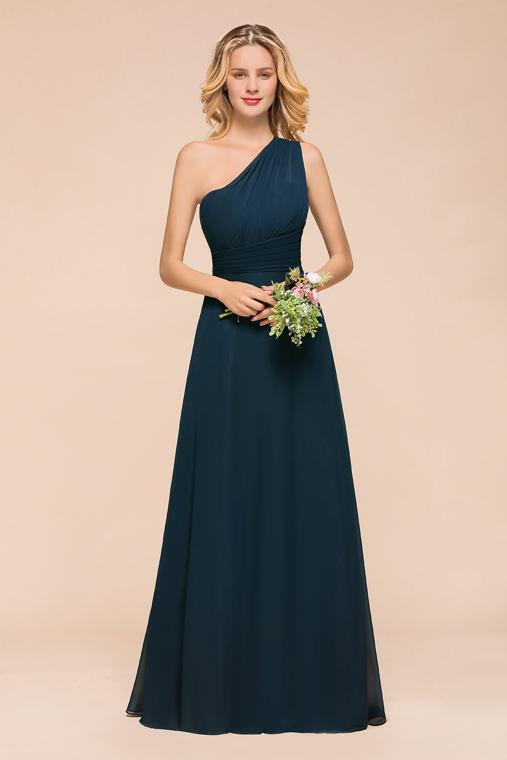 Chic One Shoulder Navy Chiffon Bridesmaid dresses with Ruffle