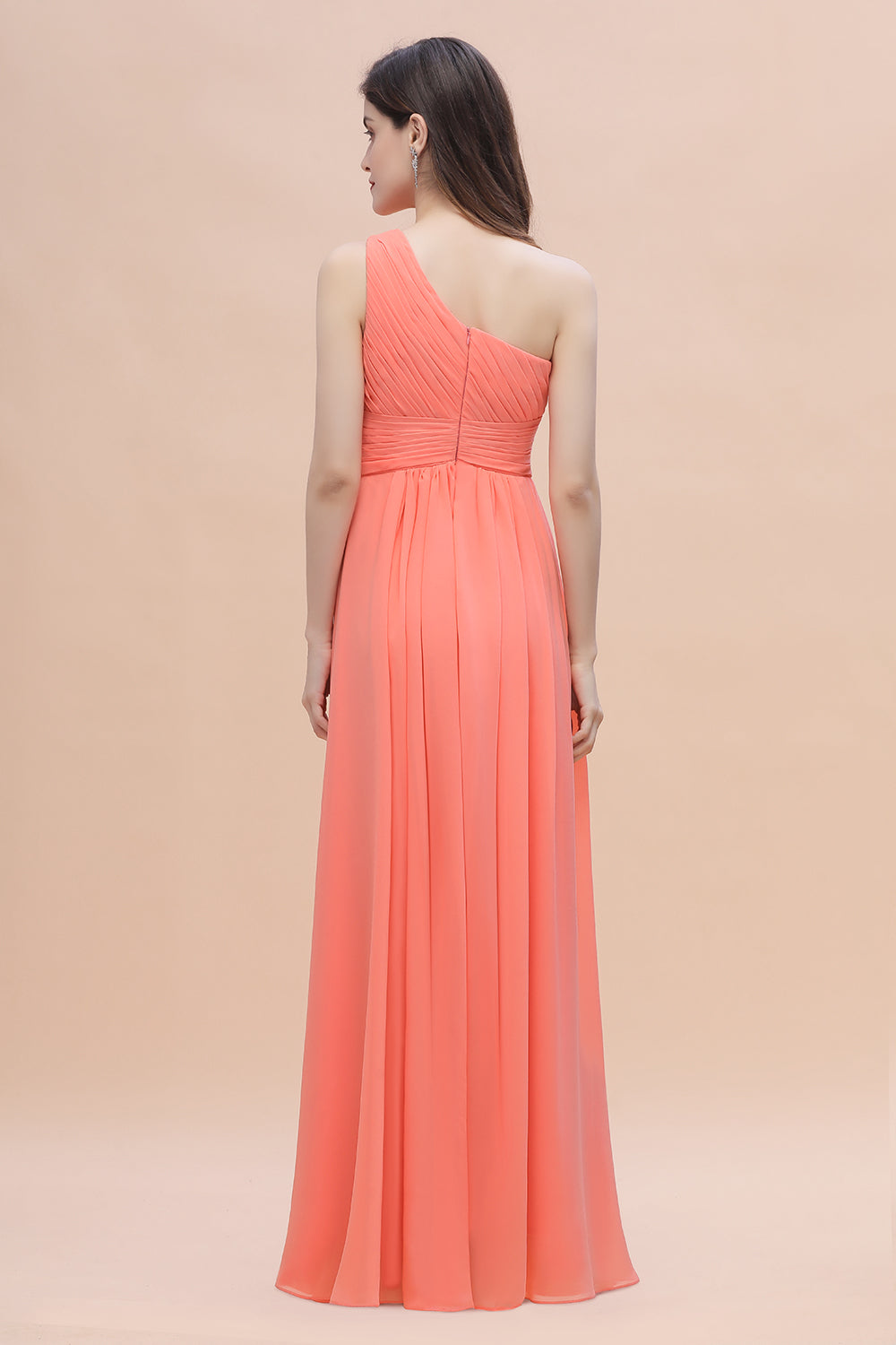 Chic One-Shoulder Ruffles Chiffon Coral Bridesmaid dresses On Sale