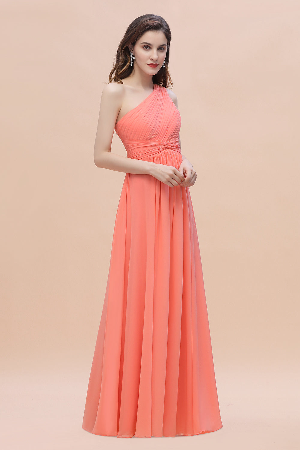 Chic One-Shoulder Ruffles Chiffon Coral Bridesmaid dresses On Sale