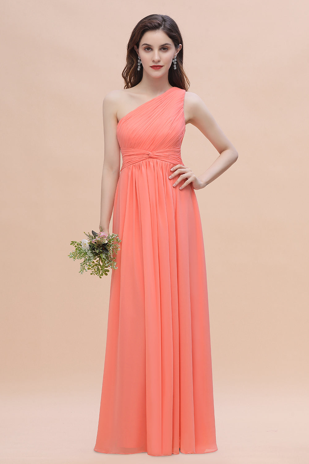 Chic One-Shoulder Ruffles Chiffon Coral Bridesmaid dresses On Sale