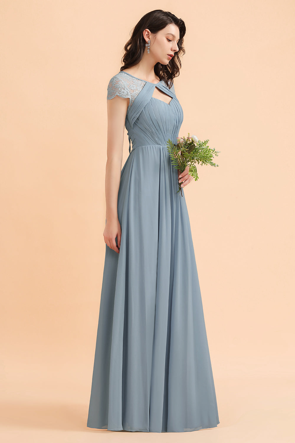 Chic Short Sleeves Lace Chiffon Bridesmaid Dresses with Ruffles