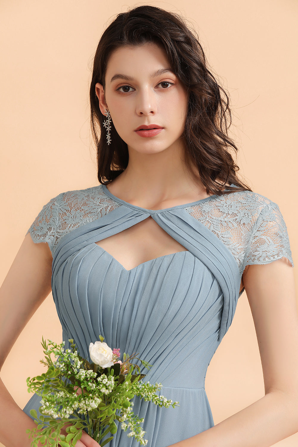 Chic Short Sleeves Lace Chiffon Bridesmaid Dresses with Ruffles