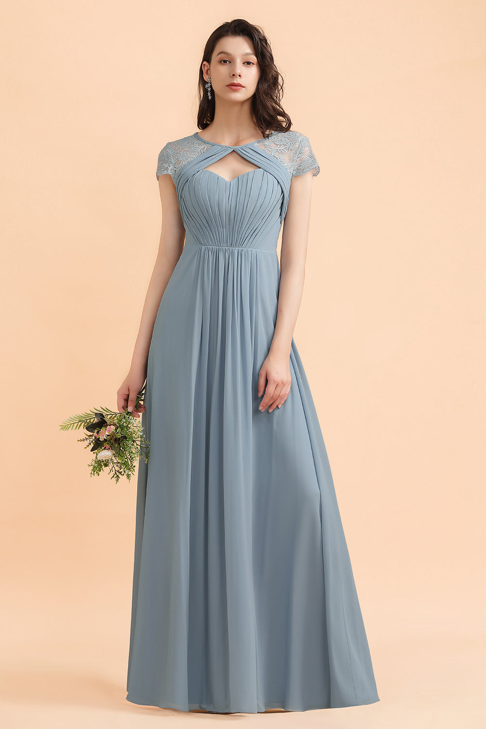 Chic Short Sleeves Lace Chiffon Bridesmaid Dresses with Ruffles