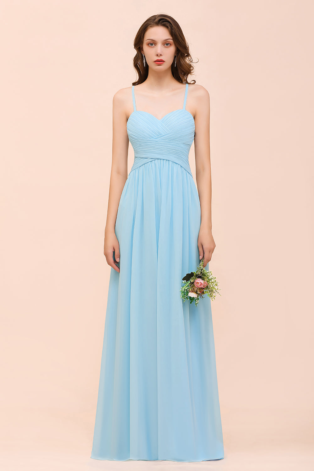 Chic Spaghetti Straps Ruffle Sky Blue Chiffon Bridesmaid Dresses