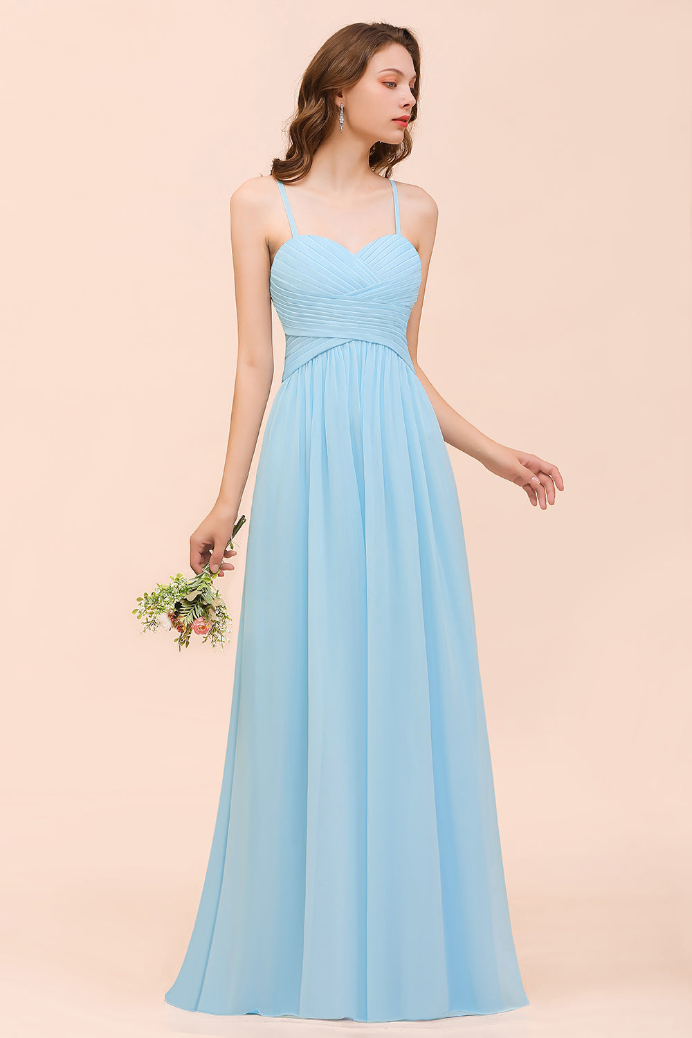 Chic Spaghetti Straps Ruffle Sky Blue Chiffon Bridesmaid Dresses