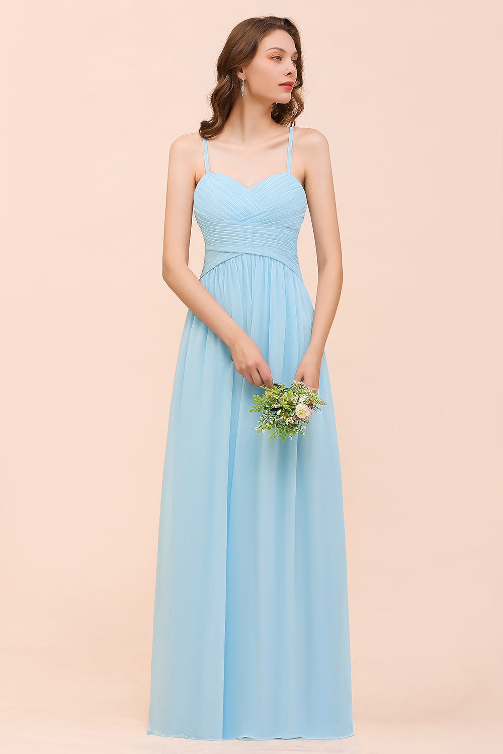 Chic Spaghetti Straps Ruffle Sky Blue Chiffon Bridesmaid Dresses