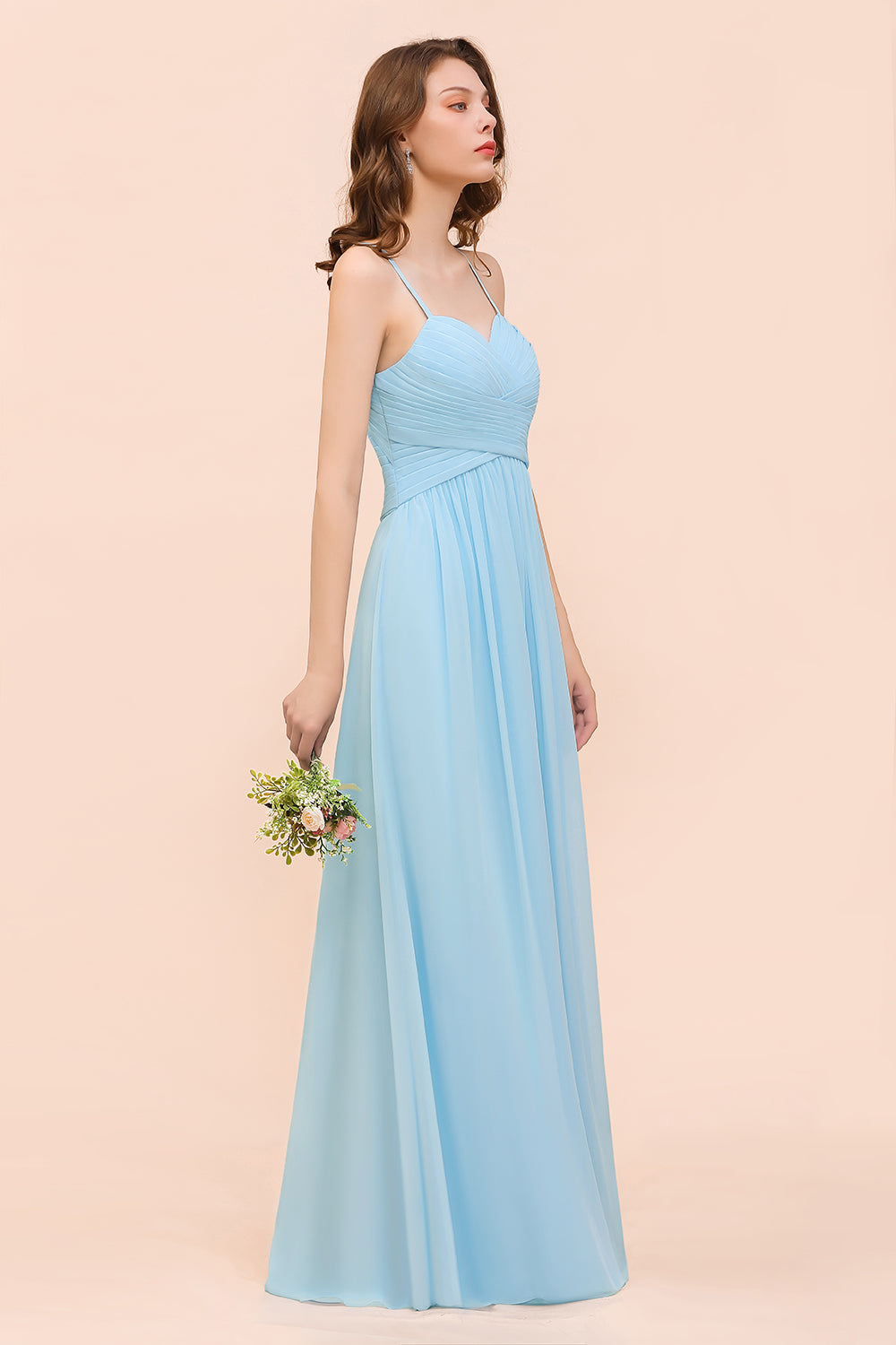 Chic Spaghetti Straps Ruffle Sky Blue Chiffon Bridesmaid Dresses