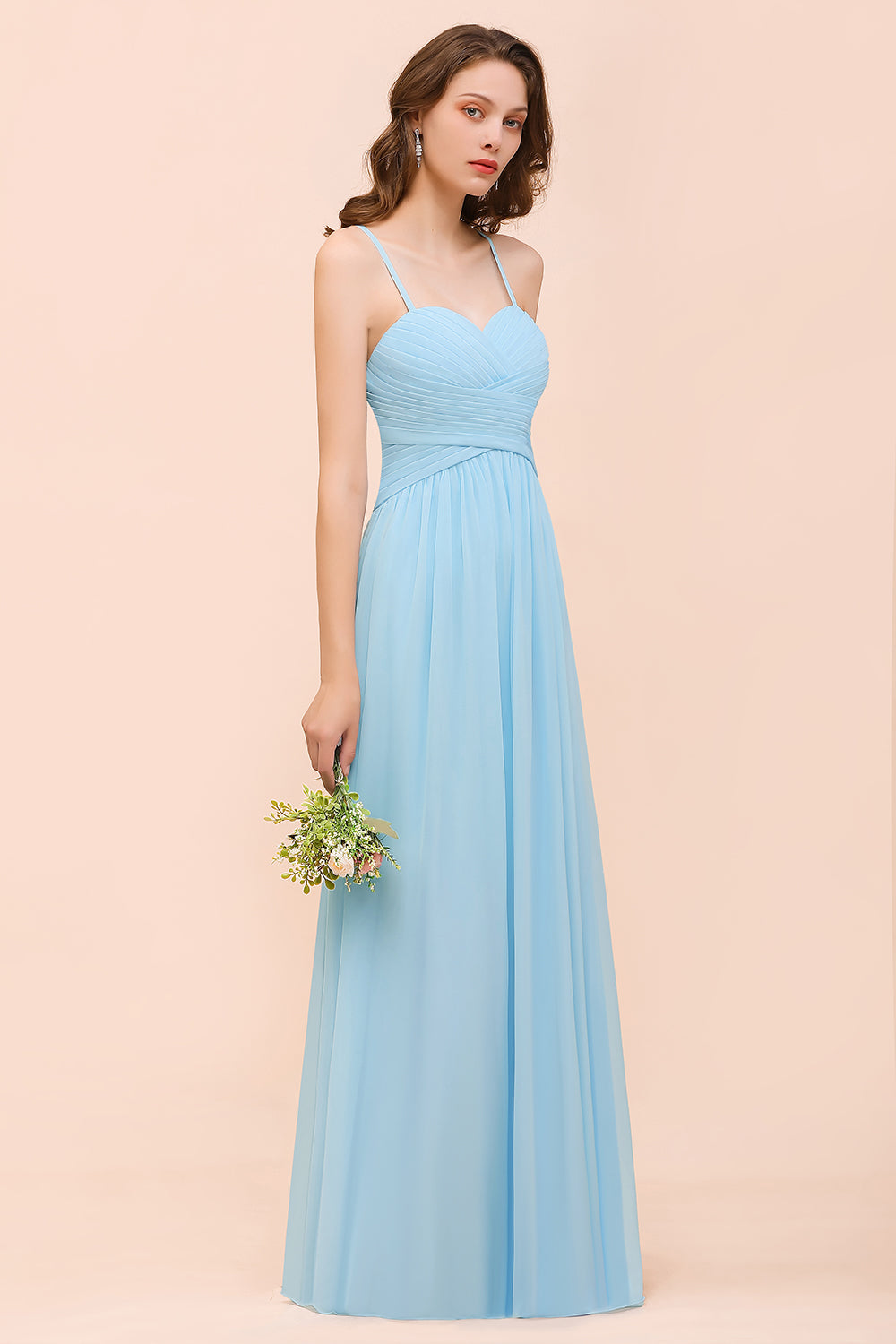 Chic Spaghetti Straps Ruffle Sky Blue Chiffon Bridesmaid Dresses