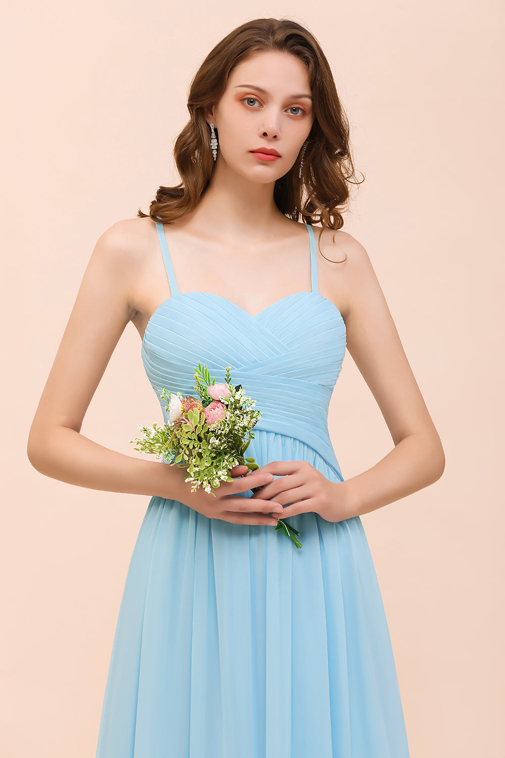 Chic Spaghetti Straps Ruffle Sky Blue Chiffon Bridesmaid Dresses