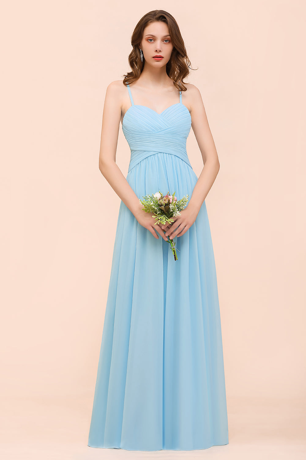 Chic Spaghetti Straps Ruffle Sky Blue Chiffon Bridesmaid Dresses