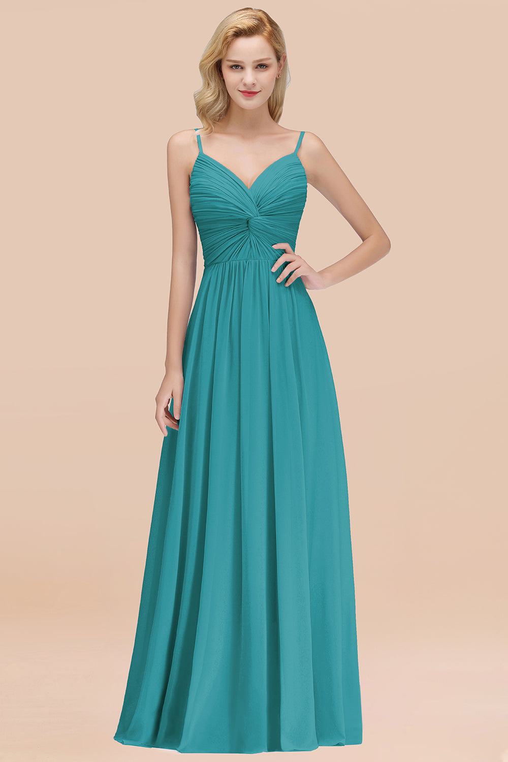 Chic V-Neck Pleated Backless Bridesmaid dresses with Spaghetti Straps