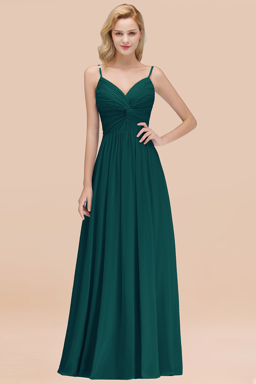 Chic V-Neck Pleated Backless Bridesmaid dresses with Spaghetti Straps