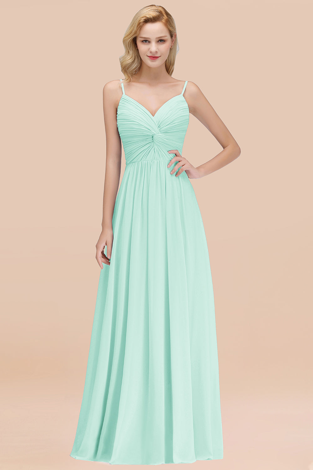 Chic V-Neck Pleated Backless Bridesmaid dresses with Spaghetti Straps