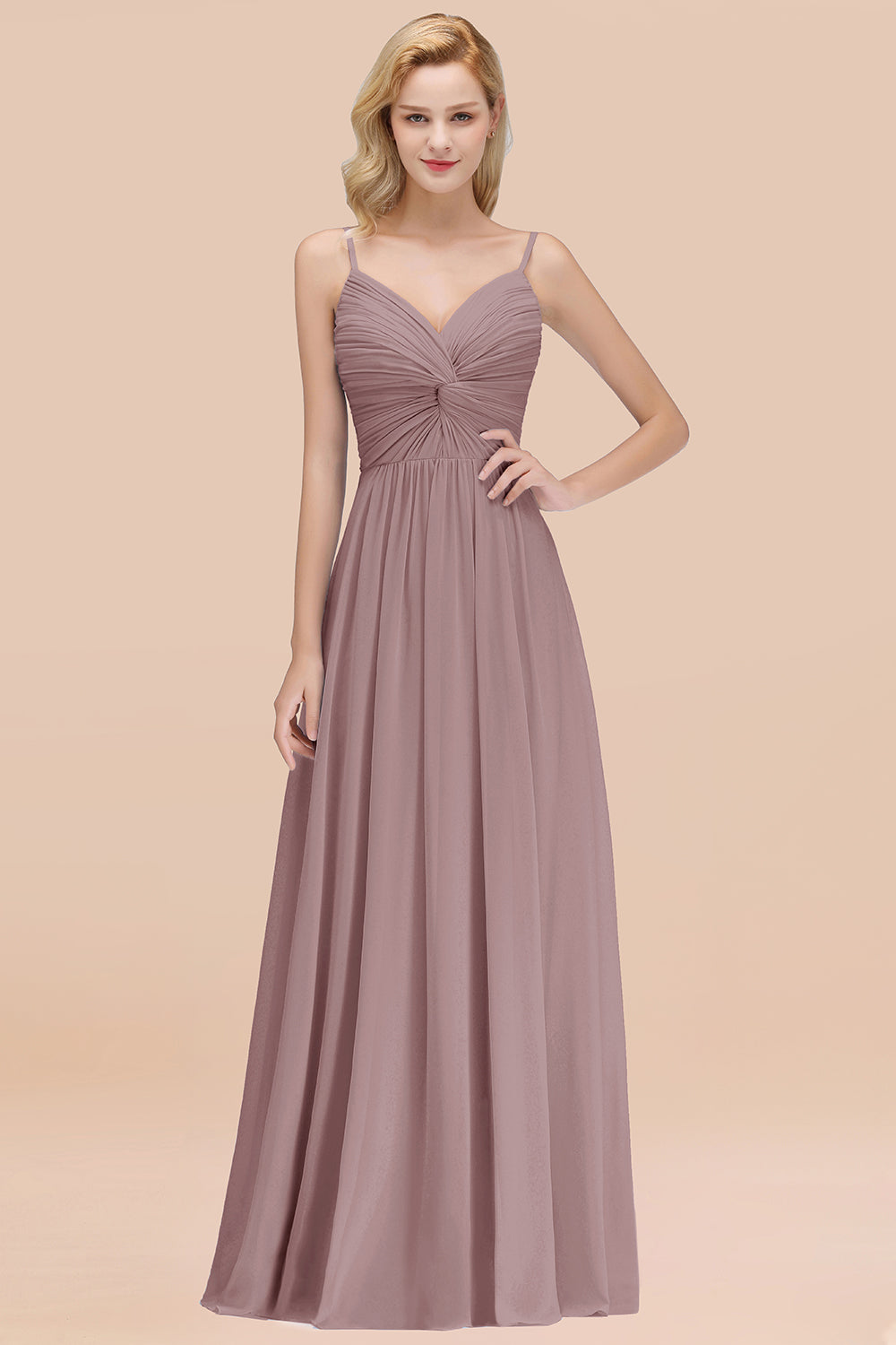 Chic V-Neck Pleated Backless Bridesmaid dresses with Spaghetti Straps