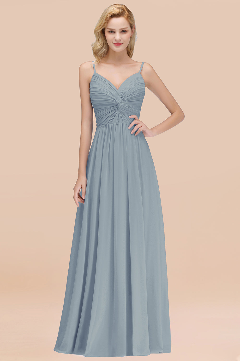 Chic V-Neck Pleated Backless Bridesmaid dresses with Spaghetti Straps