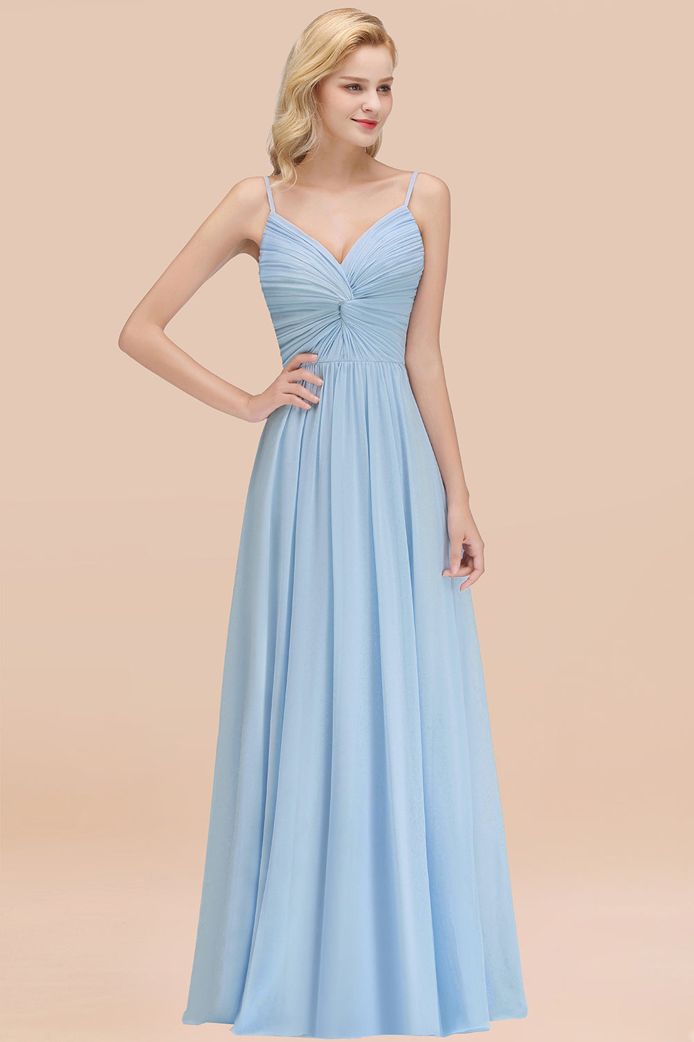 Chic V-Neck Pleated Backless Bridesmaid dresses with Spaghetti Straps