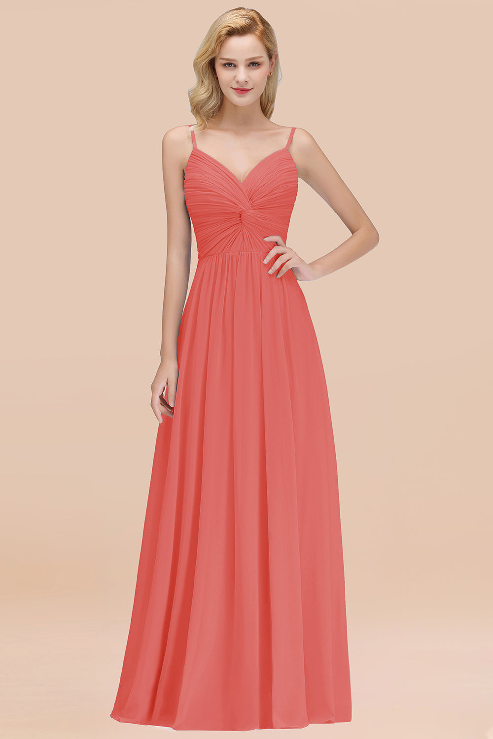 Chic V-Neck Pleated Backless Bridesmaid dresses with Spaghetti Straps