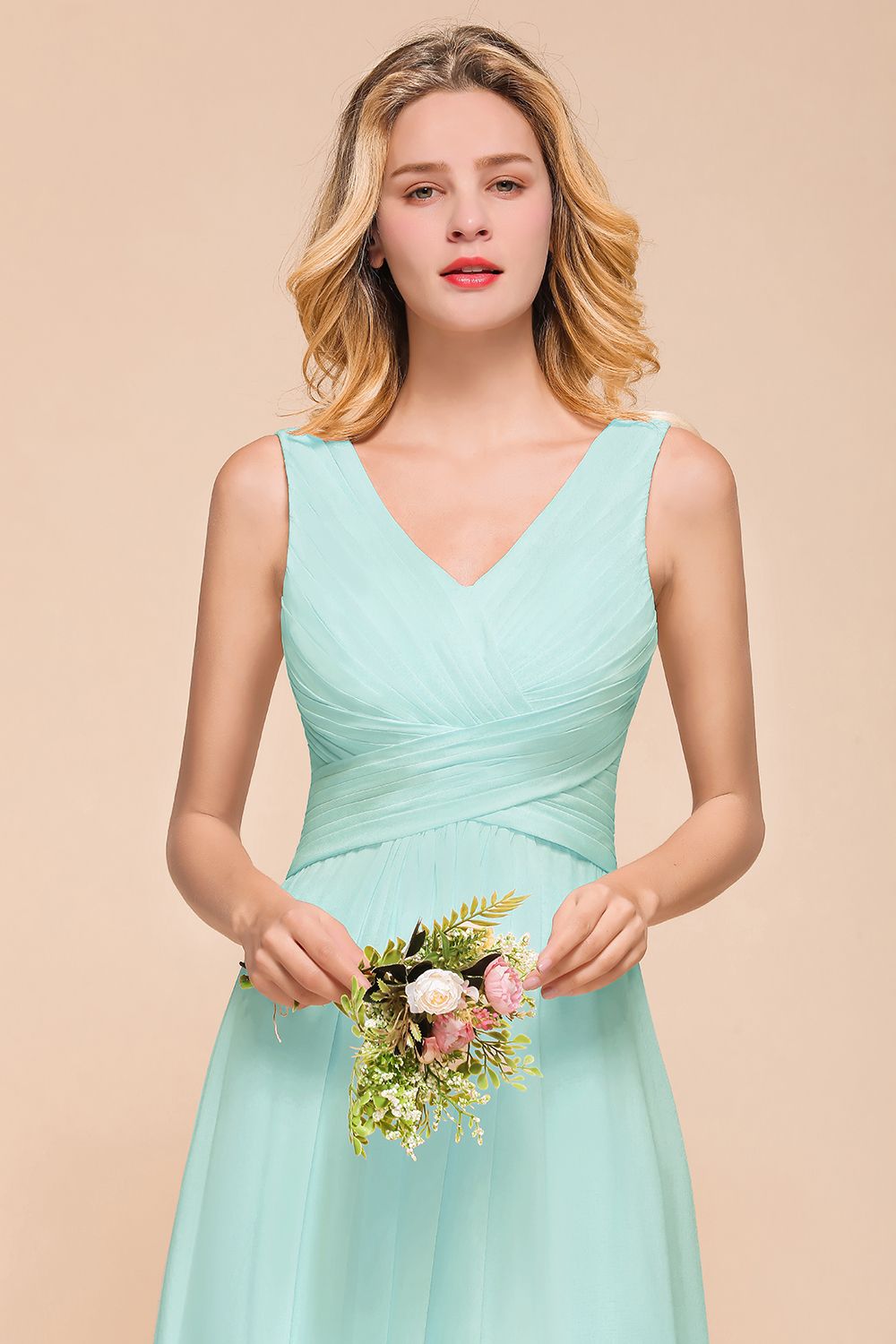 Chic V-Neck Sleeveless Mint Green Bridesmaid dresses with Ruffle