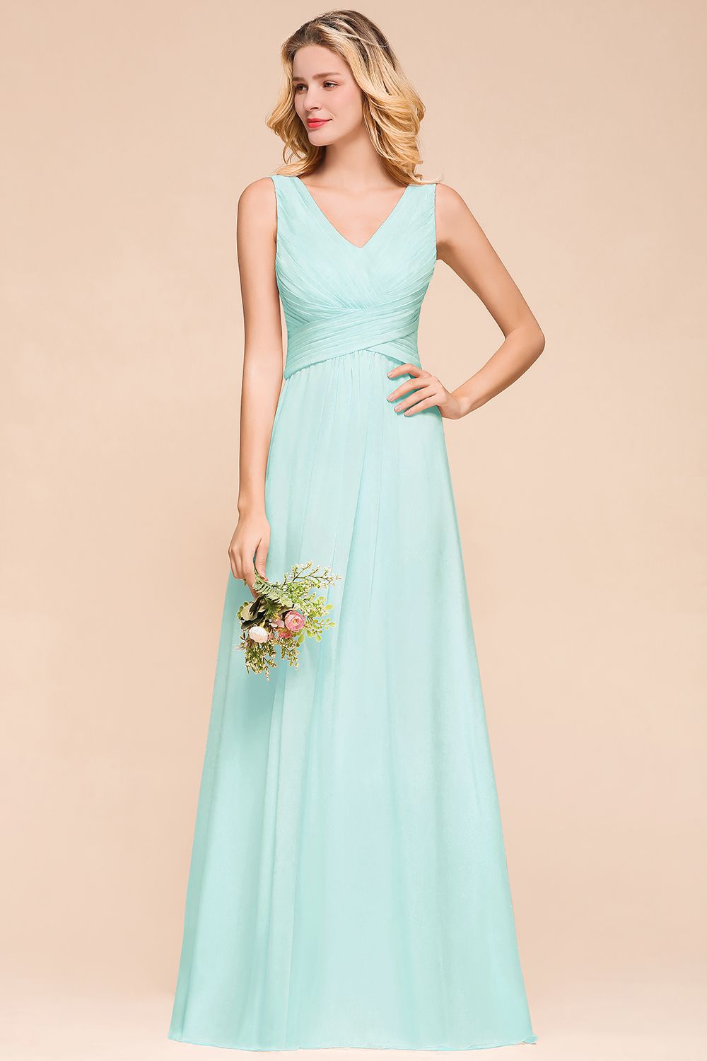 Chic V-Neck Sleeveless Mint Green Bridesmaid dresses with Ruffle