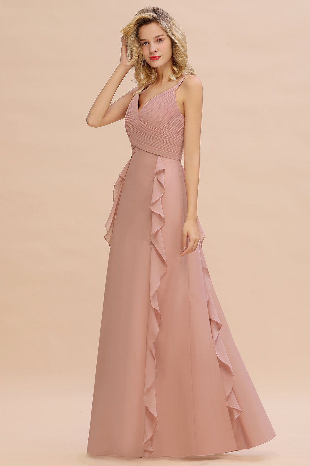 Chiffon Long Sleeveless Bridesmaid Dresses with Cascading Ruffles