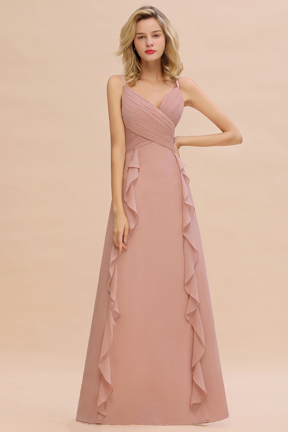 Chiffon Long Sleeveless Bridesmaid Dresses with Cascading Ruffles