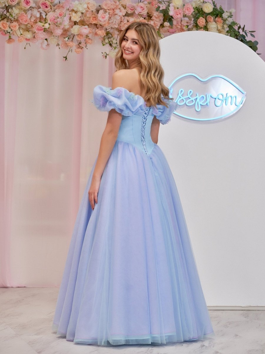 Isabel | Cinderella Blue Tulle Off the Shoulder With Crystals & Butterflies Ball Gown