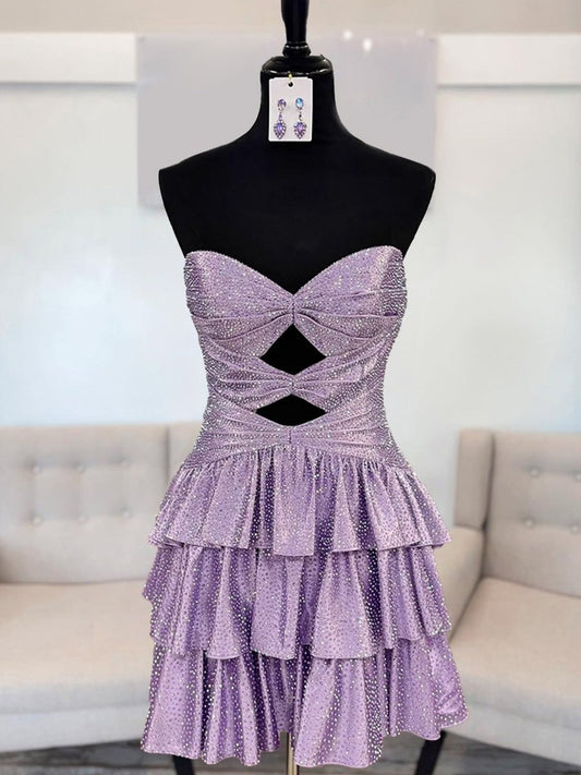 CSevoba|Lilac - A Line Sweetheart Satin Cut Out Ruffled Homecoming Dress with Beads