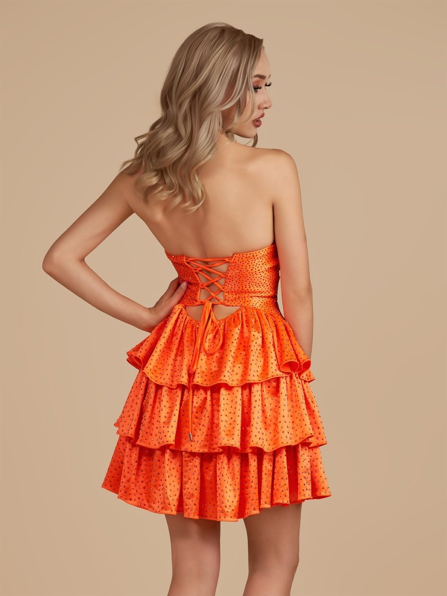 Sevoba|Bright Orange - A Line Sweetheart Satin Cut Out Ruffled Homecoming Dress with Beads