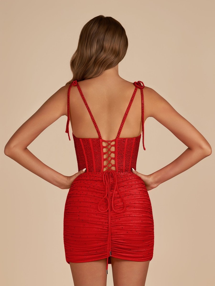 Sevoba|Red - Bodycon Scoop Neck Beaded Satin Corset Homecoming Dresses with Bow Straps