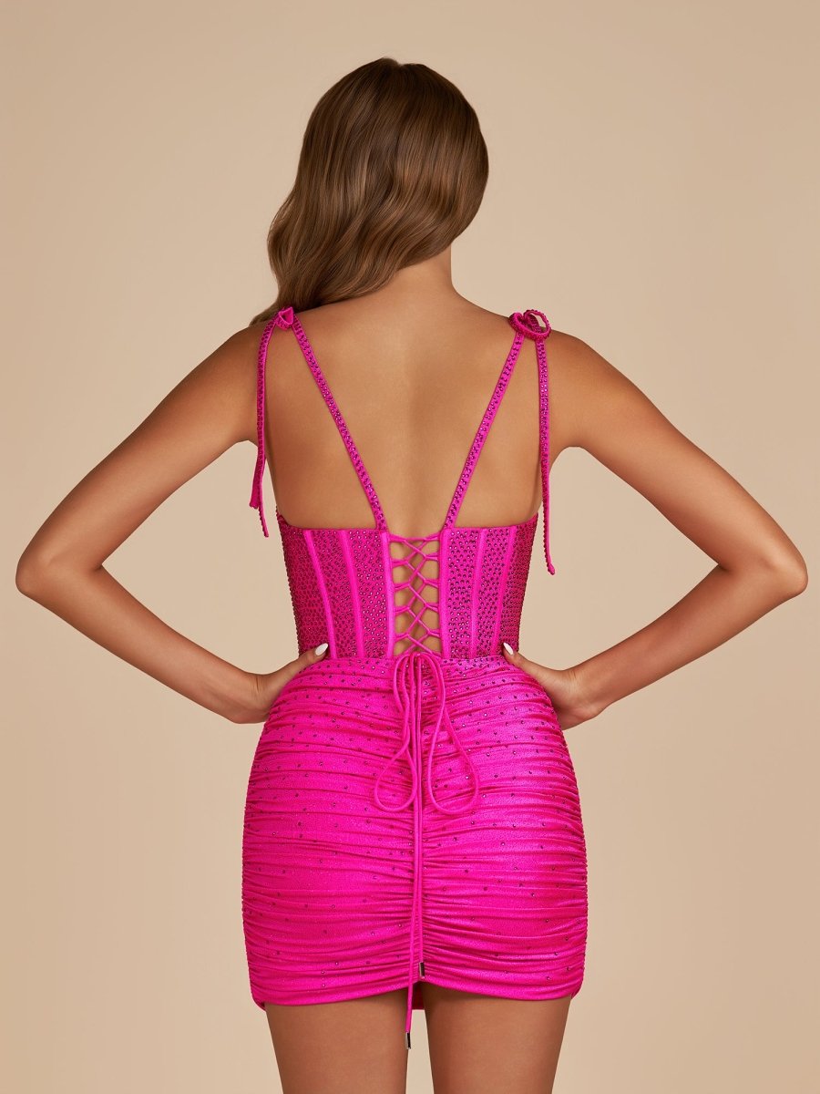 Sevoba|Fuchsia - Bodycon Scoop Neck Beaded Satin Corset Homecoming Dresses with Bow Straps