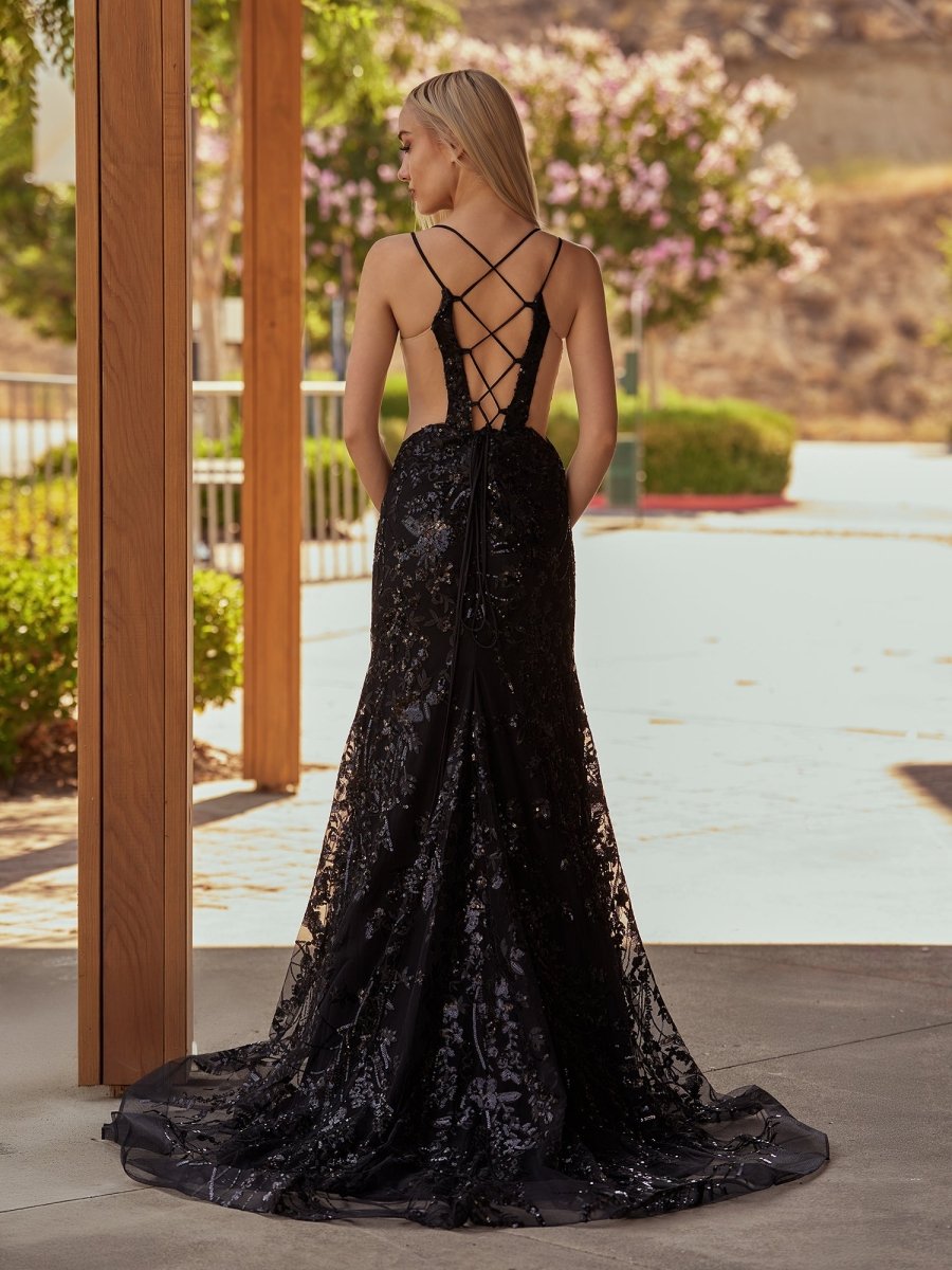 Sevoba|Black Lace Applique High Slit Criss Cross Back Mermaid Prom Dress