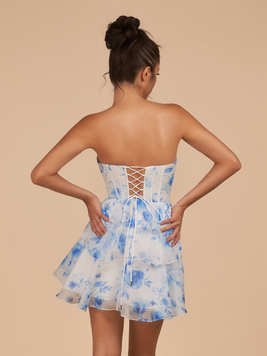 Sevoba|Blue - A Line Strapless Floral Chiffon Homecoming Dress with Beads