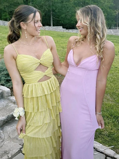 Curitis | Spaghetti Straps Yellow Keyhole Tiered Ruffle Long Formal Dress