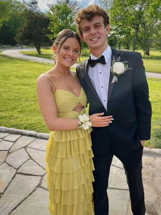 Curitis | Spaghetti Straps Yellow Keyhole Tiered Ruffle Long Formal Dress